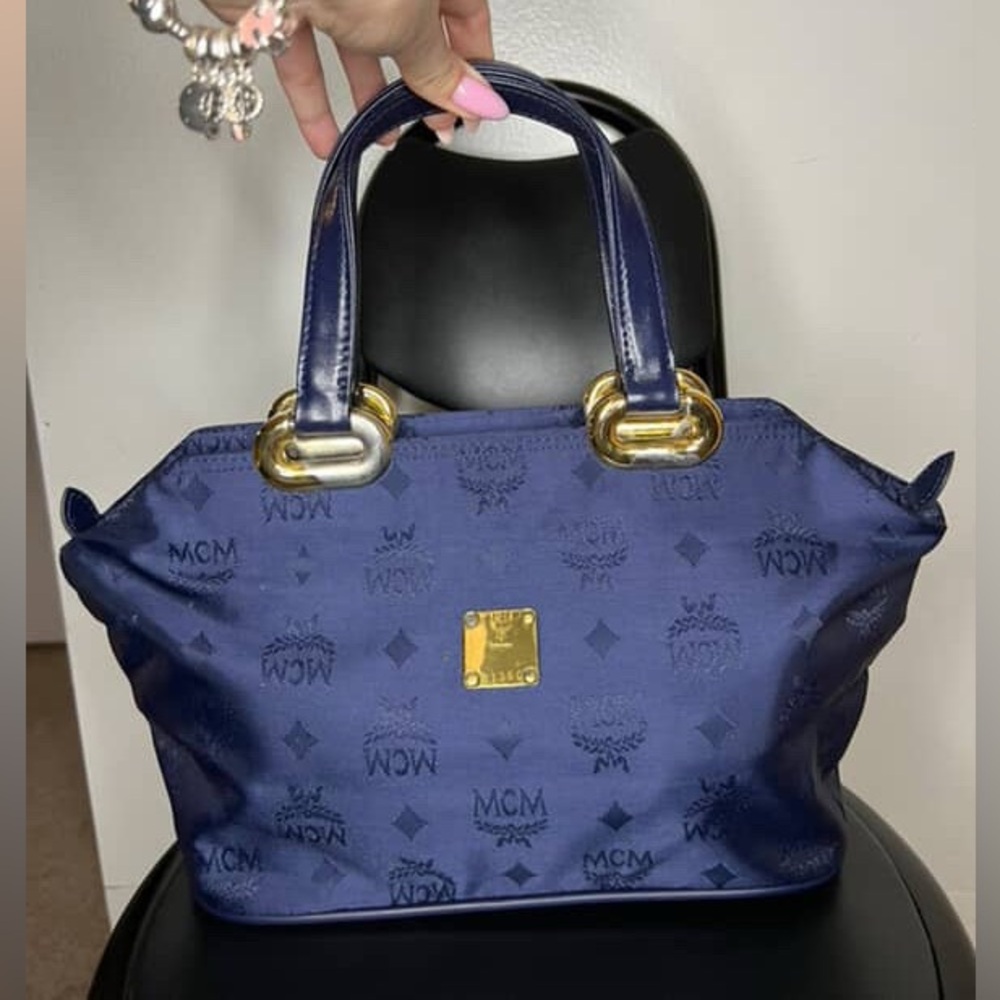 MCM Blue Monogram Jacquard Satchel with Gold Hardware – Preloved